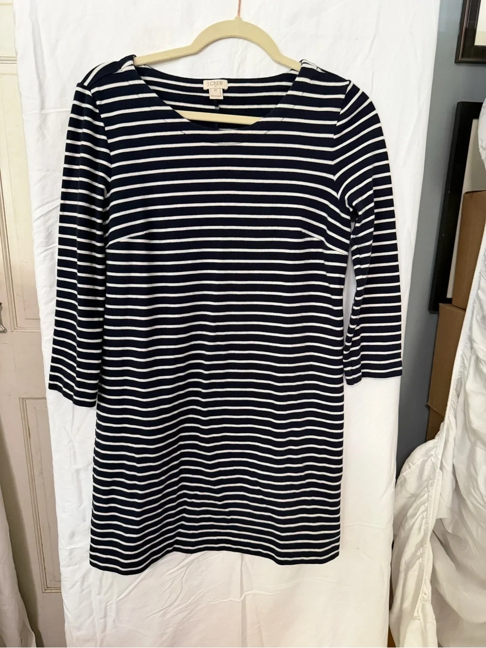 J. Crew Navy and White Striped Long Sleeve Shift Dress